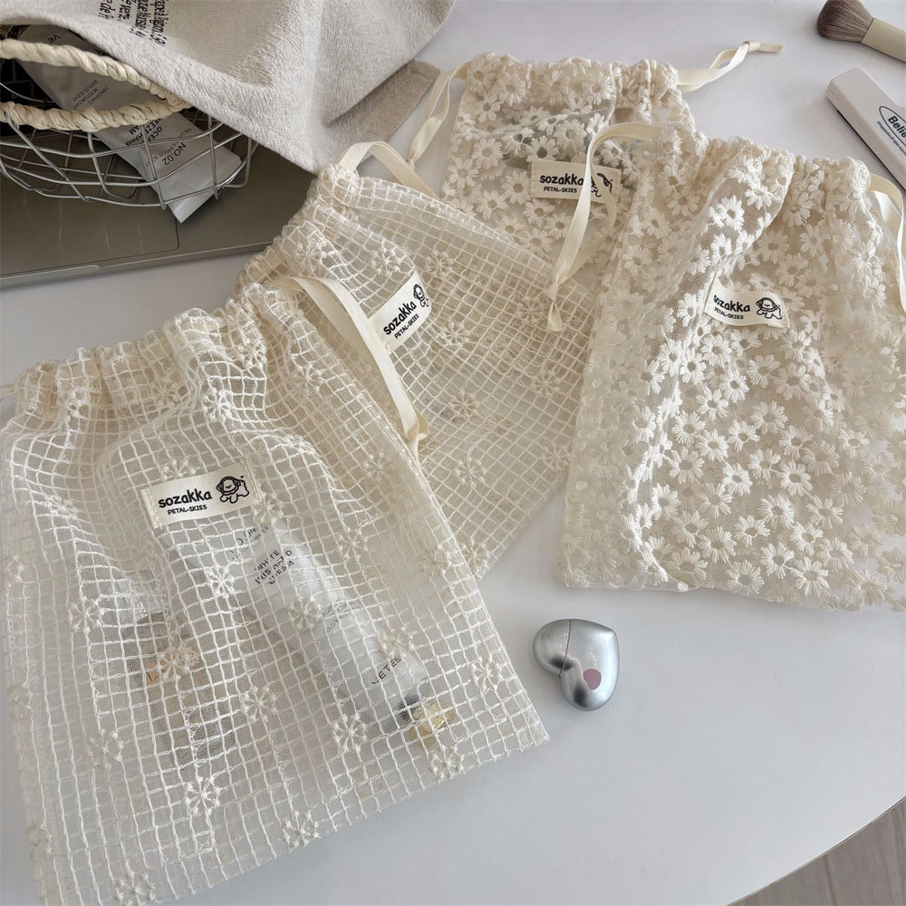 Travel Accessories And Bags - Lace Embroidered Daisy Mesh Drawstring Makeup