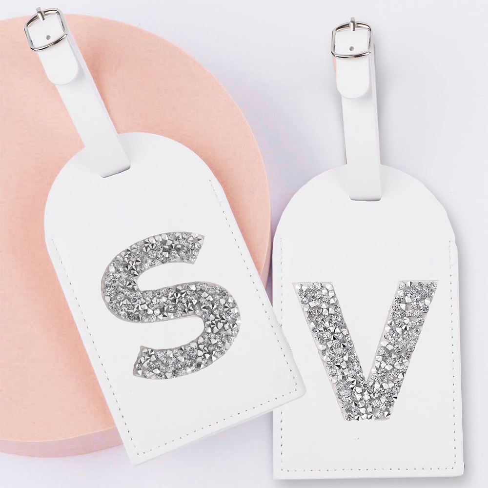 Travel Accessories Logo - A-Z Rhinestone Monogram Leather Luggage Tag